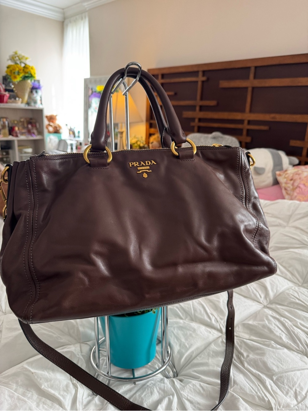 Prada Brown Leather Satchel with Gold Accents